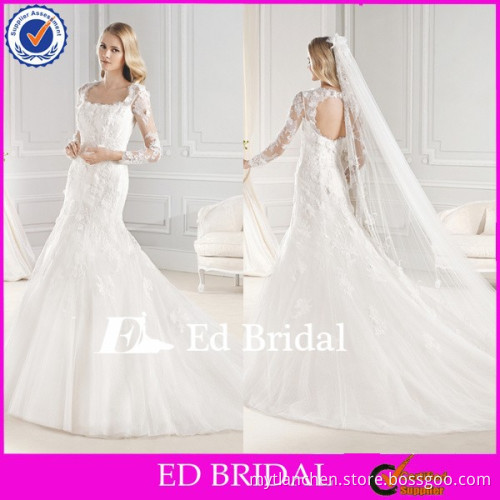 MG233 2015 Alibaba White Mermaid Appliqued Square Neck Key Hole Back Floor Length Elegant Long Sleeve Wedding Gowns